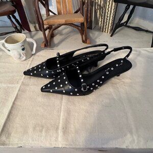 Madden Girl Black Krystal Studded Pointed Toe Sling Back Kitten Heel Size 8 1/2